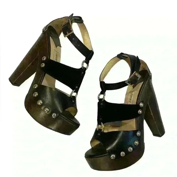 Jimmy Choo Ursula Wood leather suede platform sandal heels studded details - Picture 1 of 13